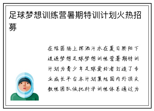 足球梦想训练营暑期特训计划火热招募