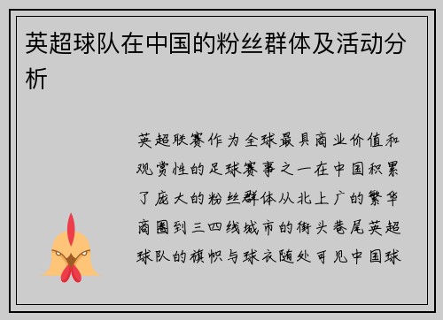 英超球队在中国的粉丝群体及活动分析